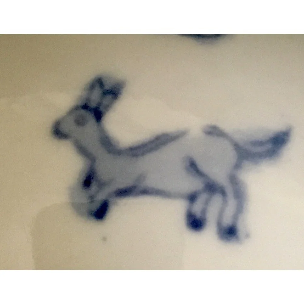 Vintage Asian Blue and White Loquat Kangaroo Rabbit ? Porcelain Bone China Bowl